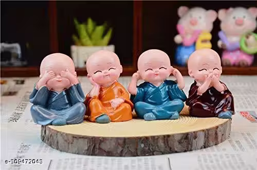 Set of 4 Miniature Buddha Monk with Jute Straw hat Cap Figurines Showpiece for Home, Office Decoration(Multicolor)