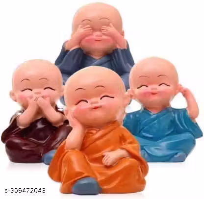 Set of 4 Miniature Buddha Monk with Jute Straw hat Cap Figurines Showpiece for Home, Office Decoration(Multicolor)