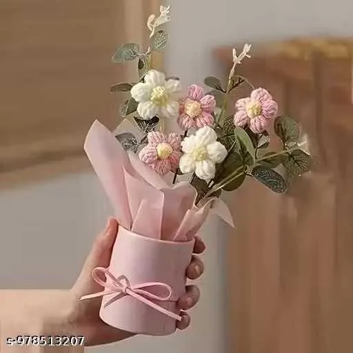 1 Pcs Artificial Daisy Crochet Flower Bouquet with Pot | Home Decor,Table,Gift Red Daisy Artificial Flower with Pot (22 cm, Pack of 2) multicolours